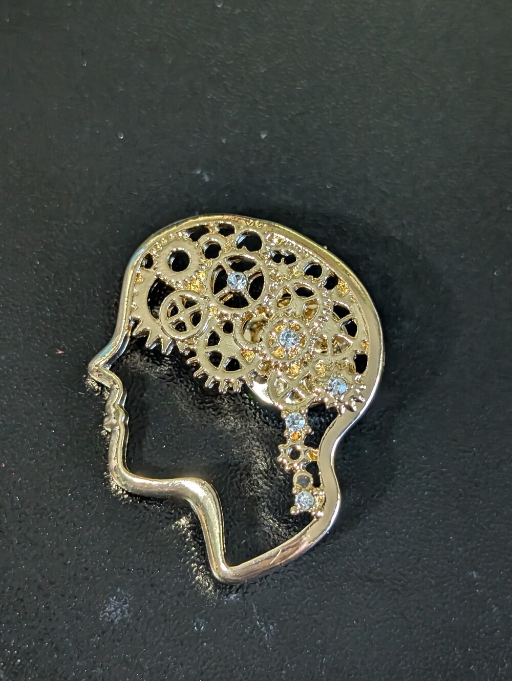 Gold Steampunk Woman Profile Brooch – Gear & Rhinestone Face Silhouette Pin